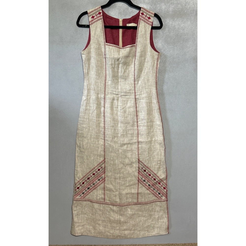 Bardoff 100% Linen Embroidered Midi Dress Natural Red Square Neck Size 38 Slit